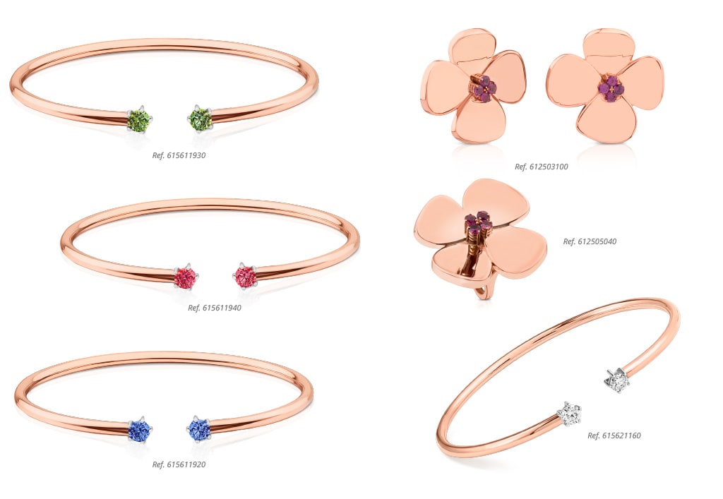 Pulseras rígidas y pendientes de oro rosa